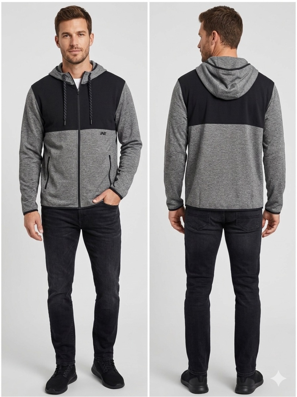 American Eagle Men's Active Flex Full-Zip Hoodie - Gray/Black, Size XS
